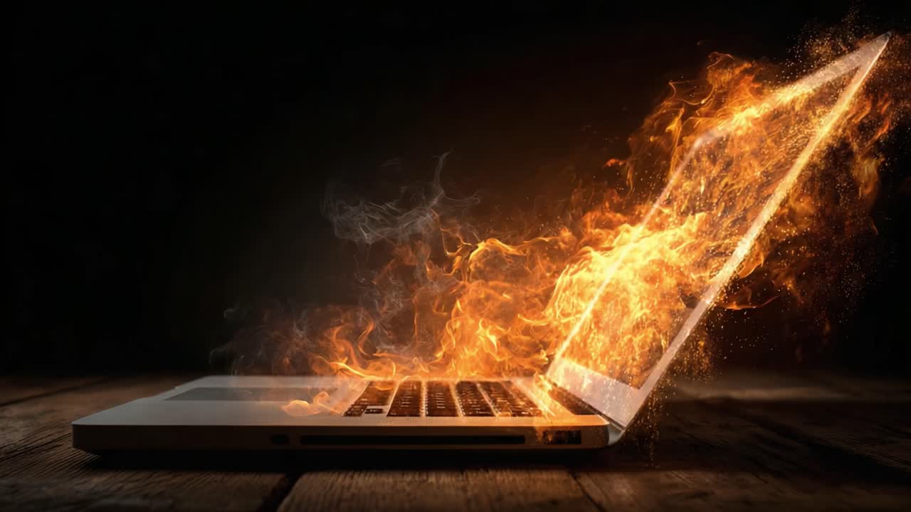 Dynamisk visuelt billede af en bærbar computer, der bryder ud i flammer, hvilket illustrerer konceptet intens kreativitet og digital innovation inden for moderne teknologi