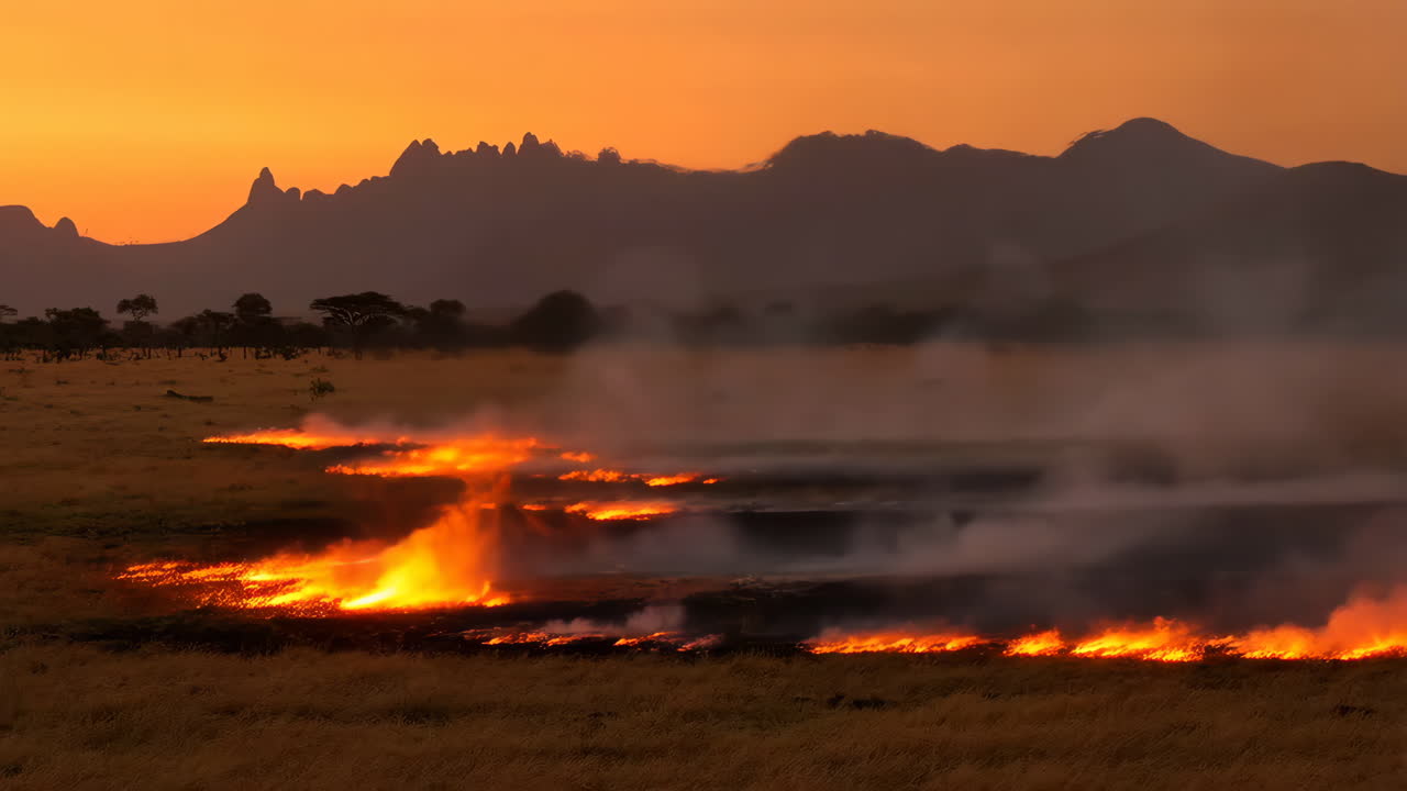 Grassland Fire at Sunset with Mountains in the Background