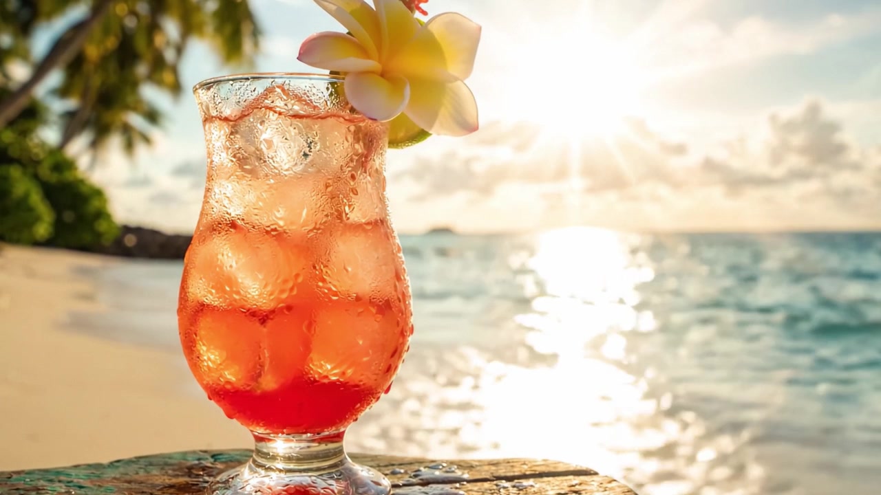 Forfriskende tropisk cocktail med is og en blomsterpynt på en vakker strand ved solnedgang, perfekt for avslapning og en fredfull kystopplevelse
