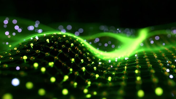 A captivating visual representation of dynamic waves illuminated with vibrant green and purple lights, showcasing a mesmerizing flow of energy and movement through an abstract digital landscape