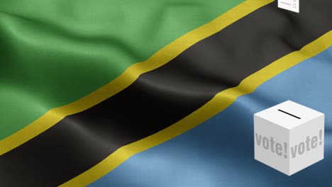 ballots fly to box for tanzania selection - ballot box in front of flag - election - vote - flag of tanzania - tanzania flag high detail - national flag tanzania wave pattern loopable elements - fabric texture and endless loop