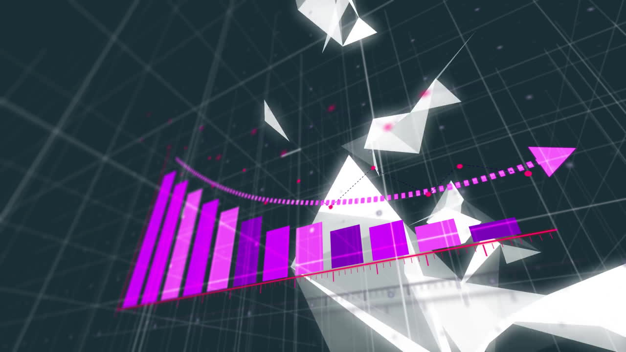 Abstract geometric shapes and pink bar graph animation over grid background