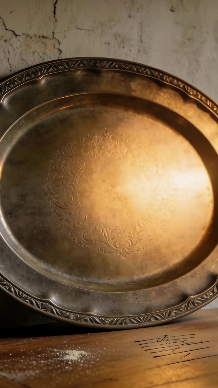 Vertical video: Shifting warm light showing ornate platter on wood table with flour by cracked wall