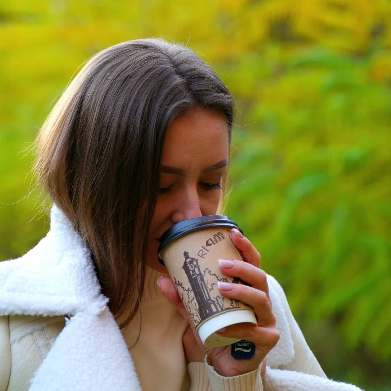 Good-looking Caucasian lady enjoying the vibes of warm autumn nature. Brunette sits on the ground with a paper cup in her hand