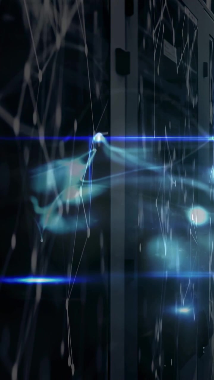 Vertical video: Mesh pulse starting cyan wisps and nodes crossing rack front, showing data flow