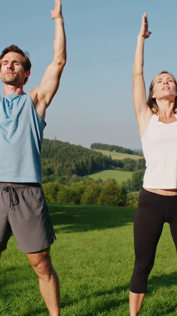 Uomo e donna che fanno stretching all'aperto in una giornata di sole
