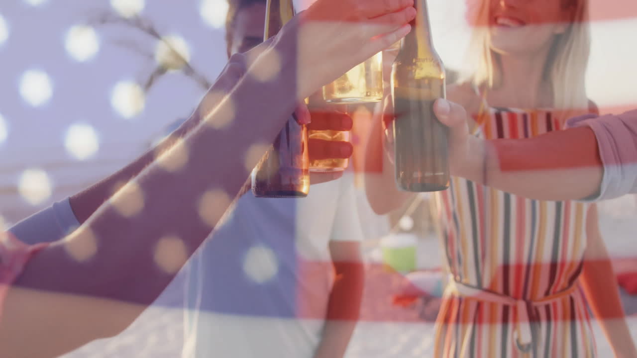 Toasting with bottles on beach, people celebrating with American flag animation