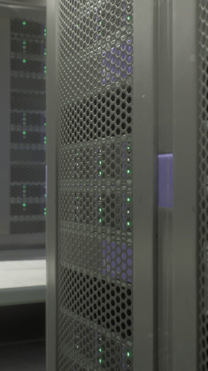Modern data center with illuminated server racks in a secure environment