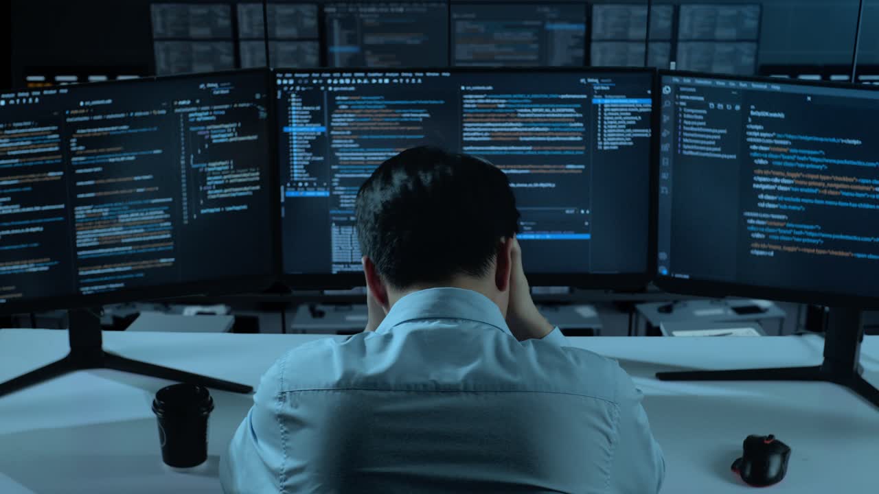 vista trasera de un desarrollador asiático que tiene dolor de cabeza mientras escribe código con múltiples pantallas de computadora en la oficina