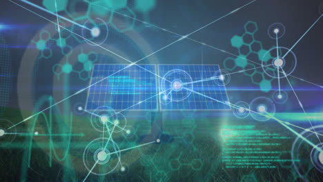 animation of network of connections and scientific data over solar panels