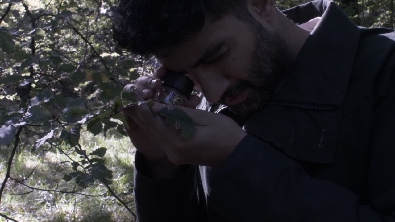 나뭇잎에 휴대용 루페 돋보기를 사용하는 남성 식물학자