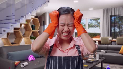 close up of asian female housekeeper with an apron have a headache and don't know why while standing in house