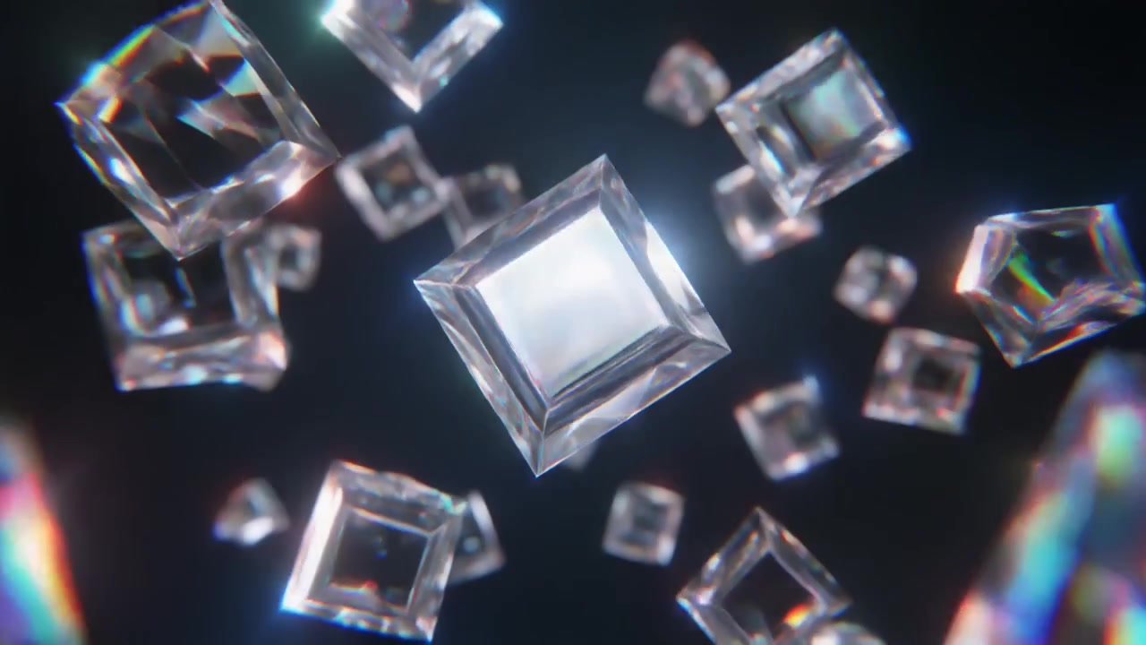 Cubi di vetro trasparente galleggianti con effetti di rifrazione della luce