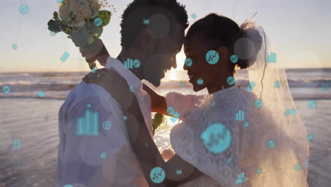 bride and groom embracing on beach with data processing animation over them