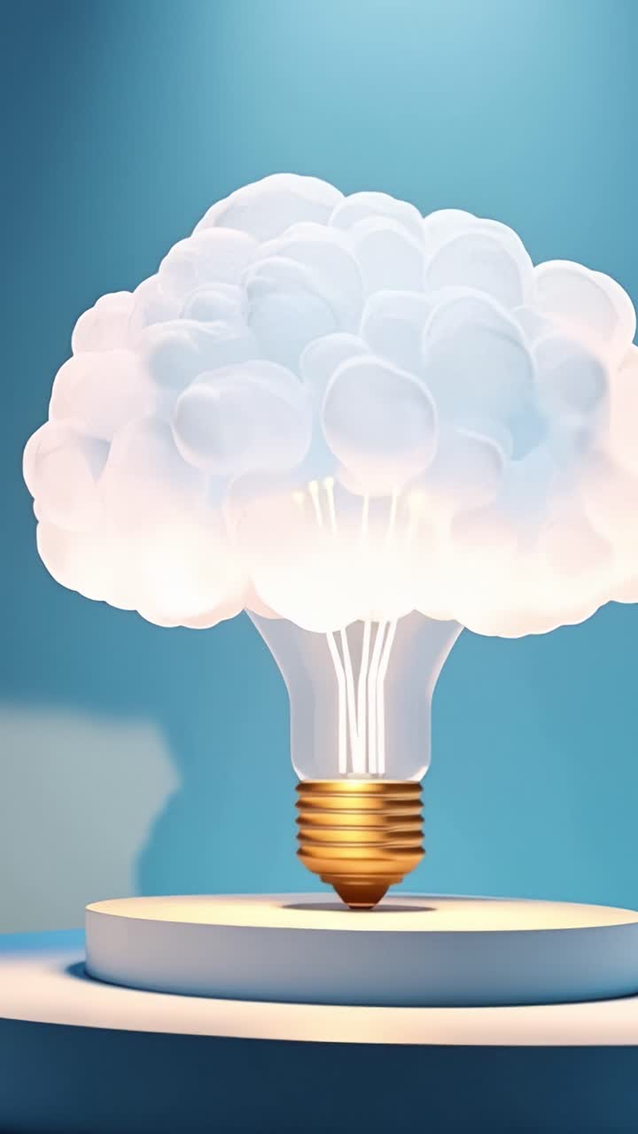 Un design mozzafiato di una lampadina con una formazione unica a forma di nuvola, che mette in mostra creatività e innovazione in una presentazione artistica moderna su uno sfondo minimale.
