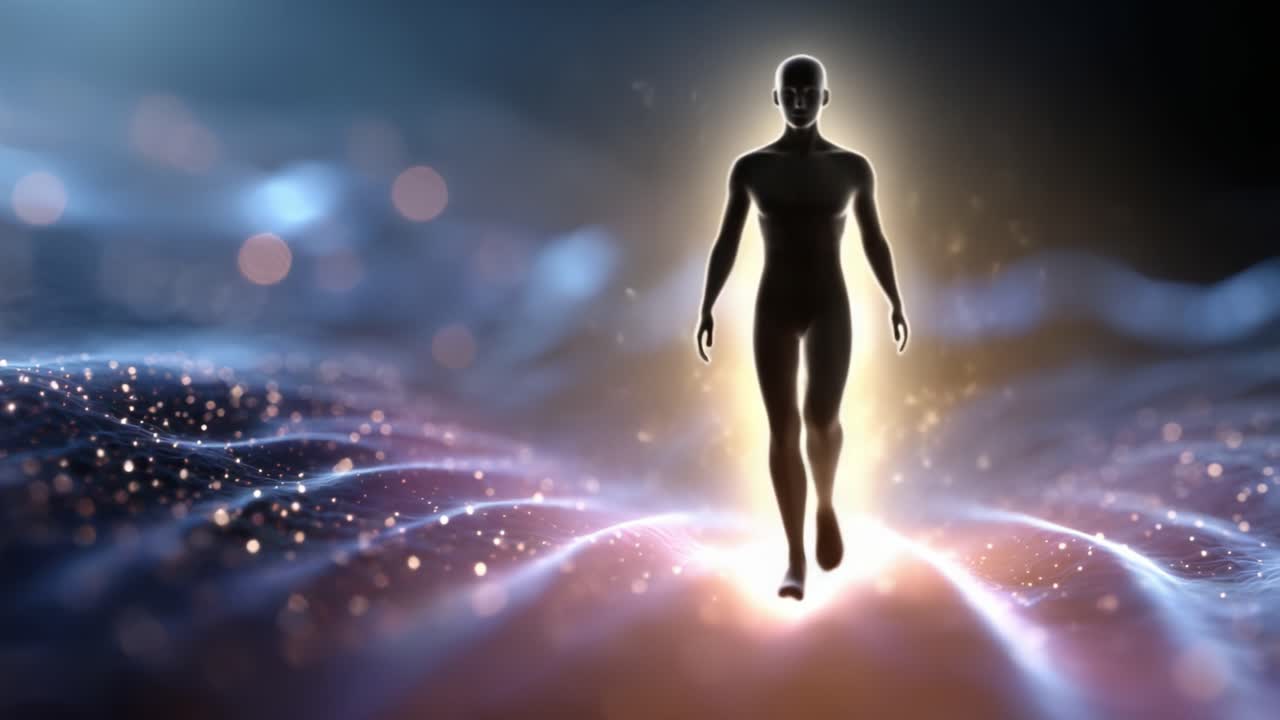 Un viaje a través del éter: Una silueta navega por un reino enigmático de luz y energía, que representa la intersección de la conciencia y la existencia