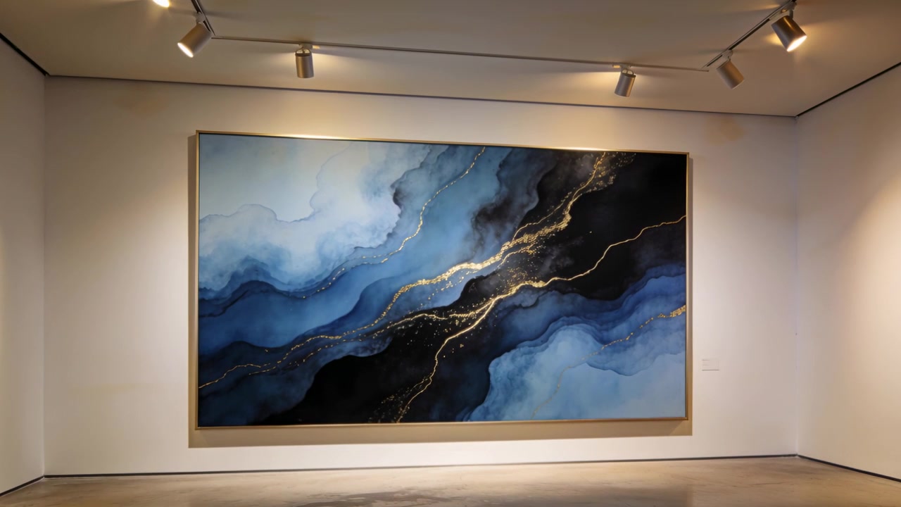 La caméra recule, cadrant une grande peinture abstraite dans une galerie, révélant des veines dorées et une plaque.