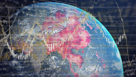 animation of covid 19 cells over globe and data processing