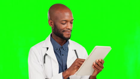 Doctor-thinking,-green-screen-tablet