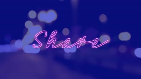 animation of share text over cityscape at night on blue background