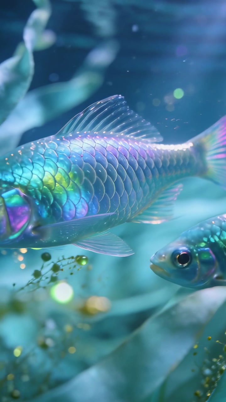 Vertical video: Panning camera showing gliding shiny fish in planted tank with smaller fish nearby