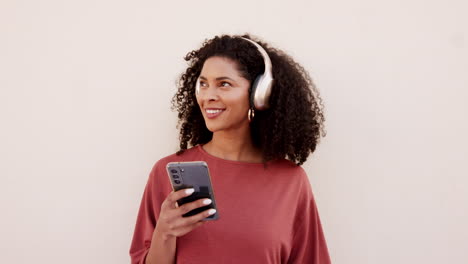Music-headphones,-phone-and-dancing-woman