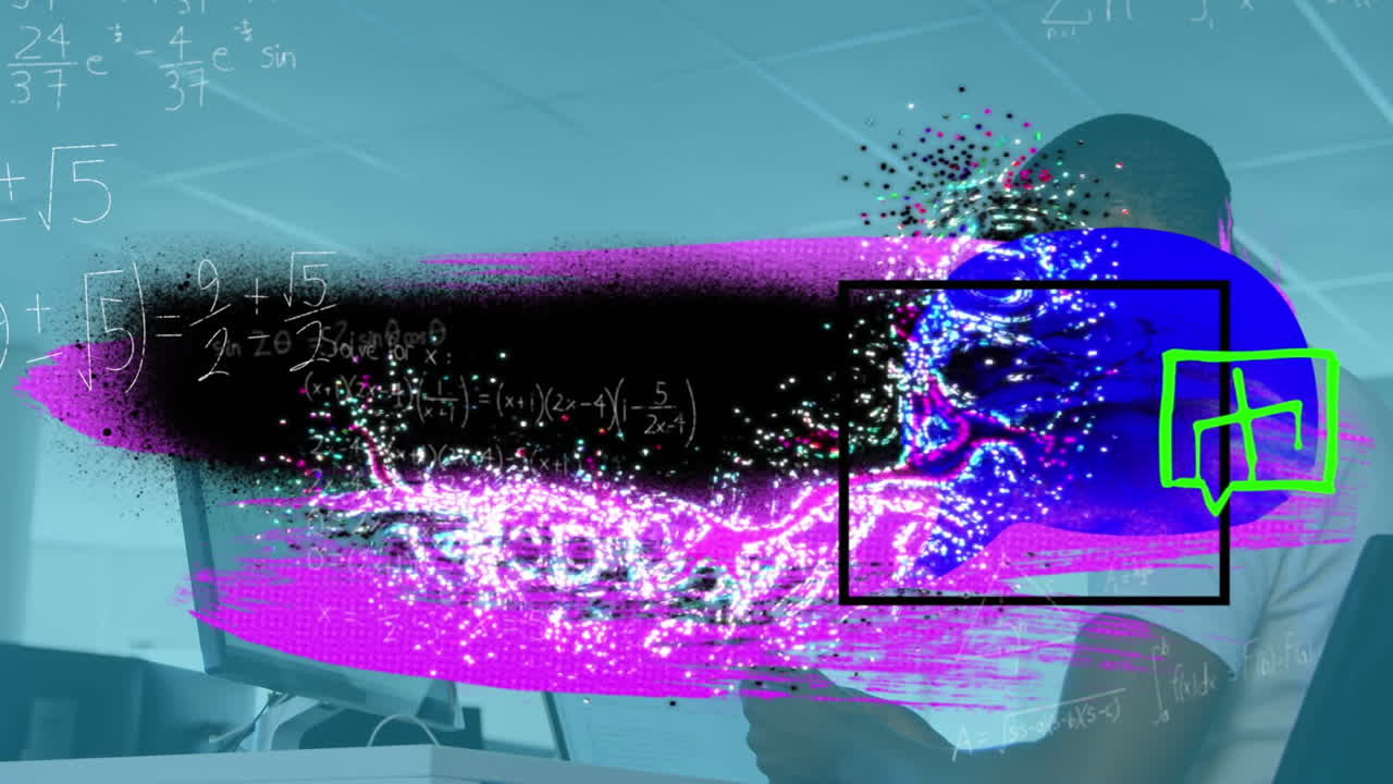 컴퓨터를 사용하여 사업가 위에 다채로운 얼룩과 모양의 애니메이션