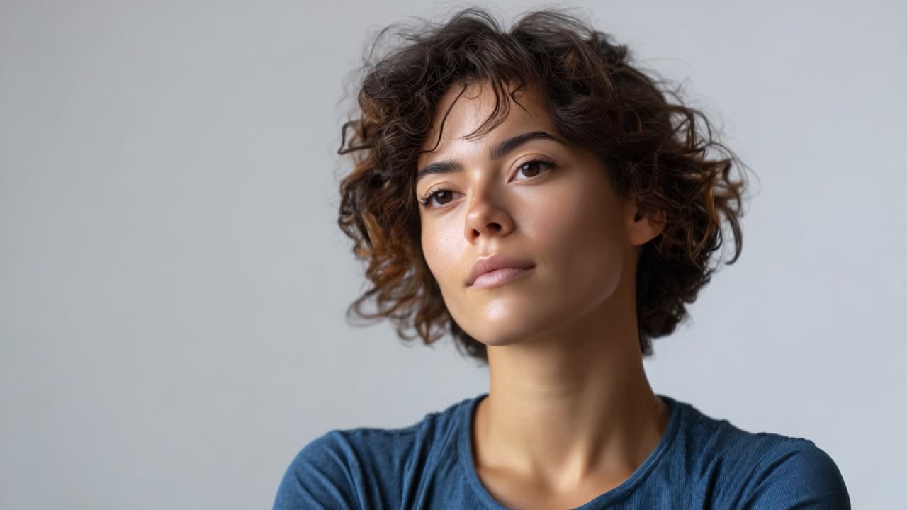 Una donna contemplativa con i capelli ricci mostra un'espressione serena, evidenziando momenti di introspezione e auto-riflessione in un ambiente interno tranquillo.