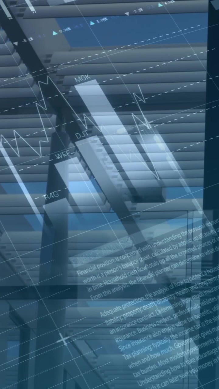Animation of financial data and graphs over shadows of diverse businesspeople walking in office
