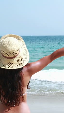 vista trasera de una bonita morena de pie con los brazos extendidos