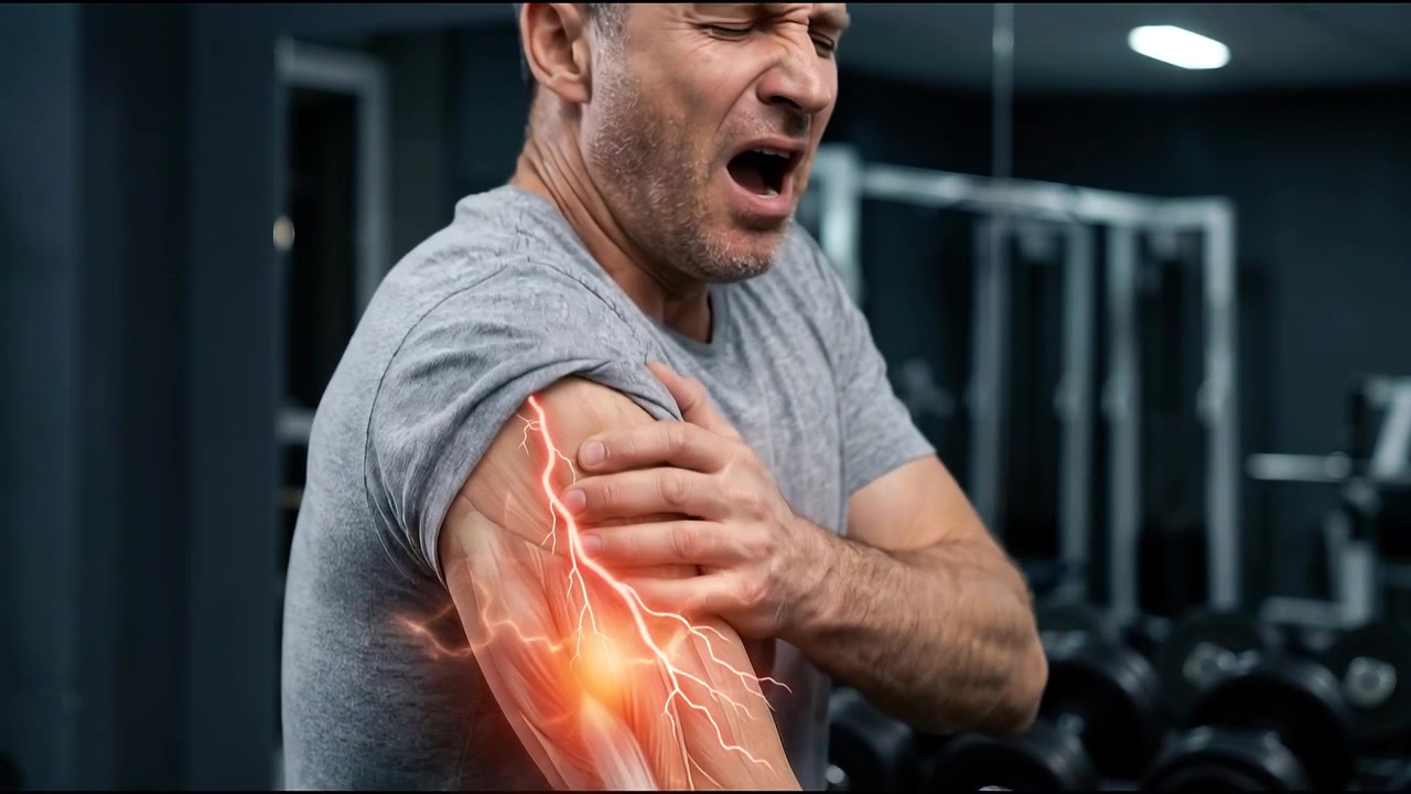 Homem sentindo dor muscular no ombro na academia
