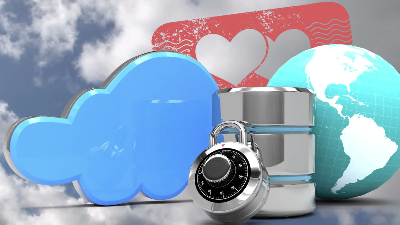 animación de la nube digital, el servidor, los corazones y el globo