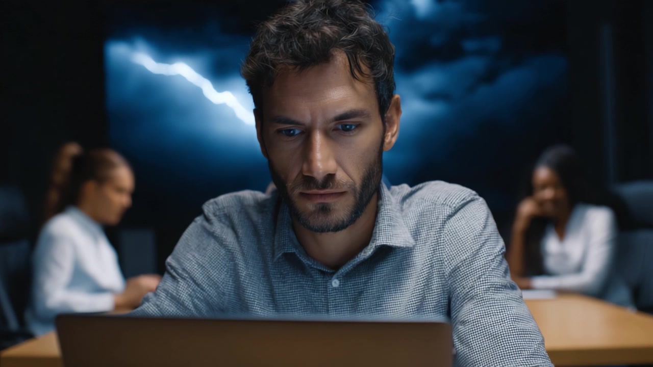 Intense Focus and Determination as a Man Engages with Technology in a Stormy Atmosphere, Reflecting on Solutions Amidst Challenges and Team Dynamics