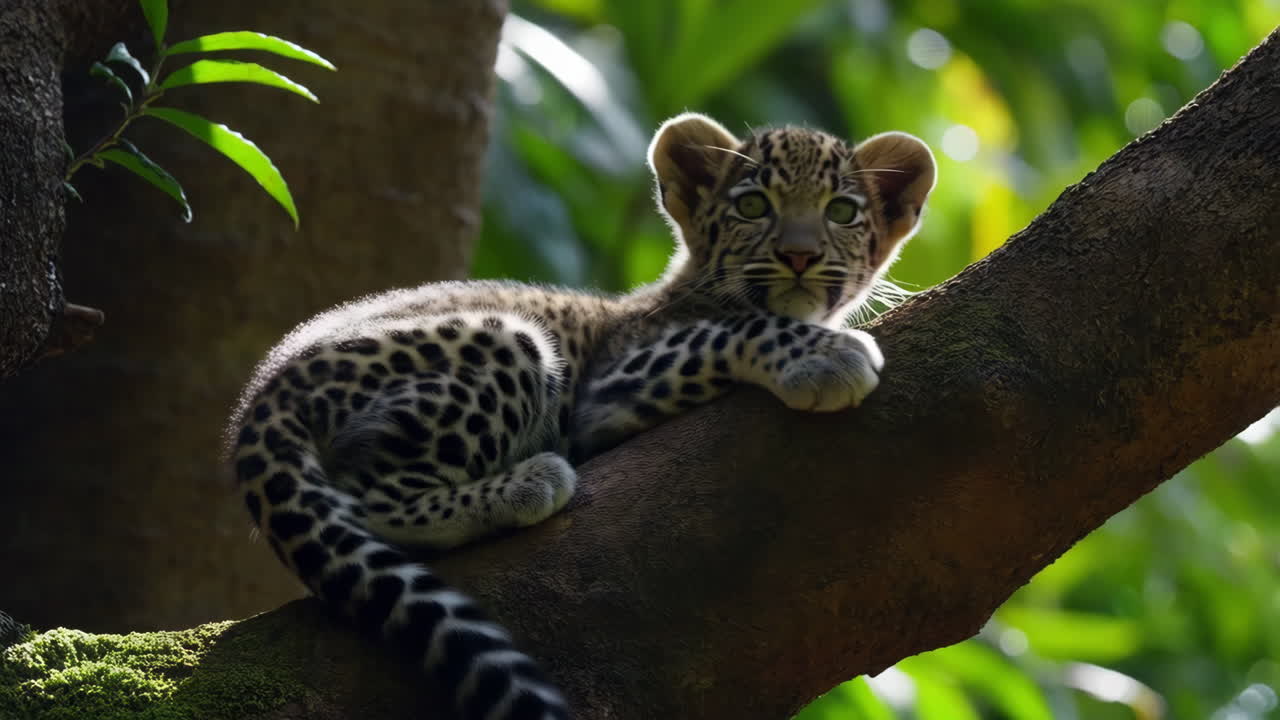 un cachorro de leopardo en una rama de un árbol