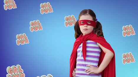 animation of girl in superhero costume over multiple girl power text on blue