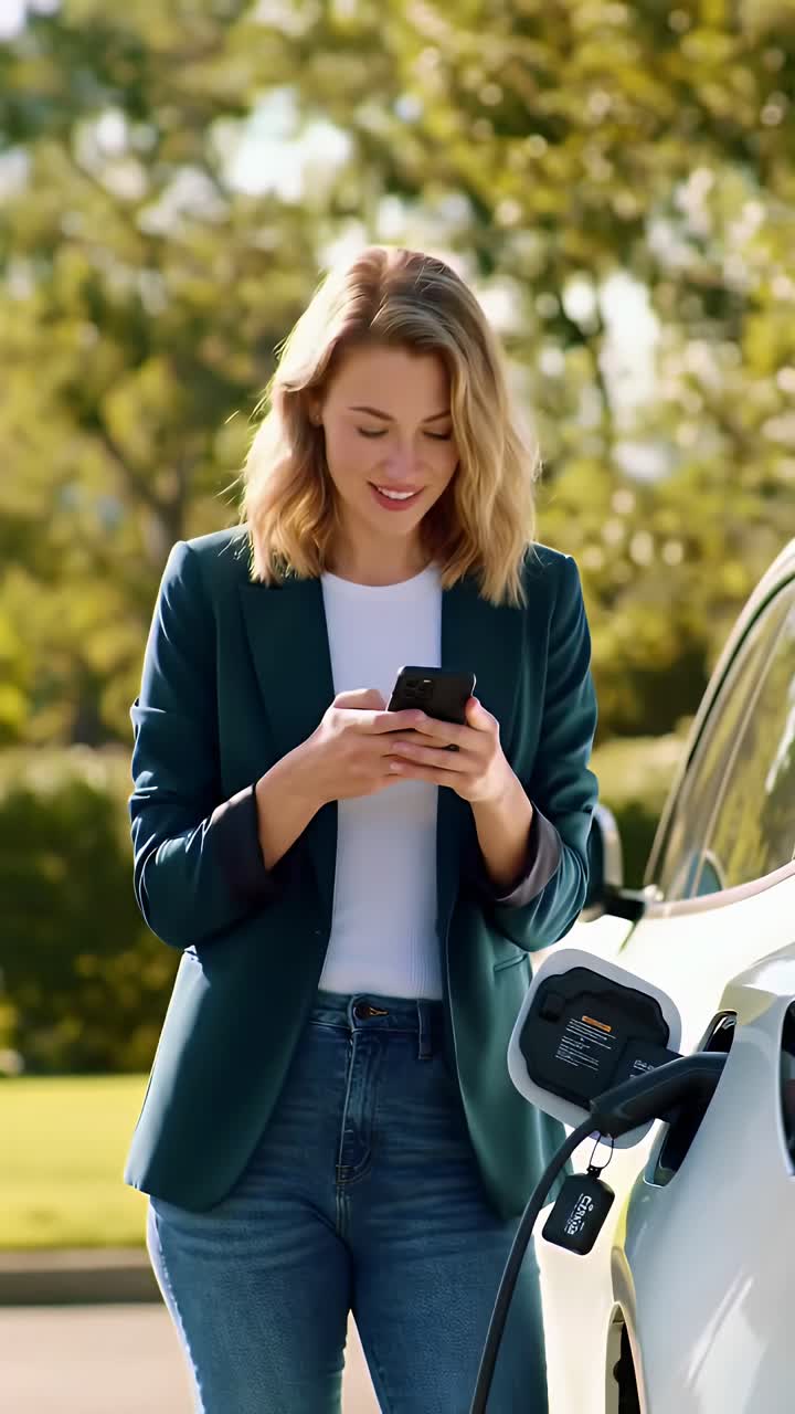Smiling Woman Using Her Phone While Her Electric Car Charges