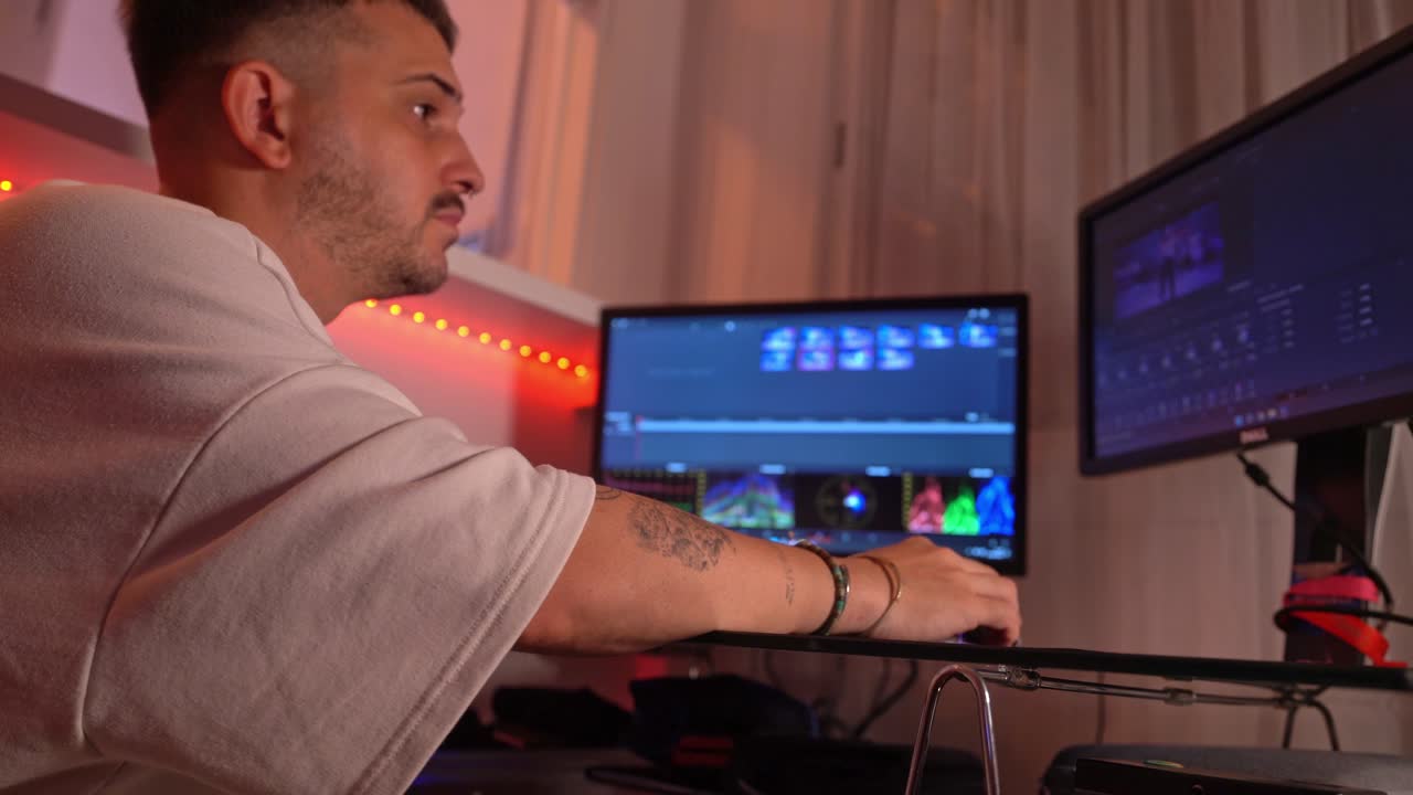 Side angle shot of focused young man editing video using dual monitors in home setup with LED lighting