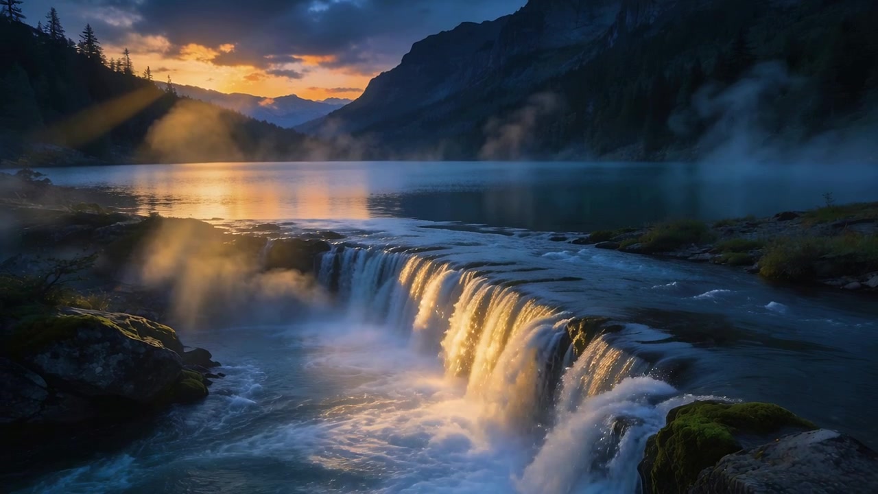 Sunlight breaking horizon lighting wide cascade feeding alpine lake at sunset, creating golden mist