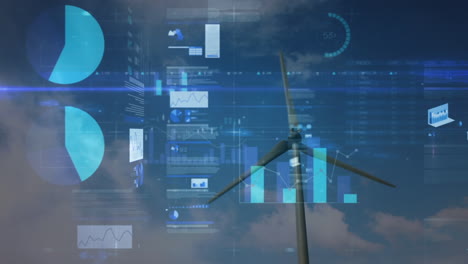 composite video of statistical data processing against windmill spinning and blue sky