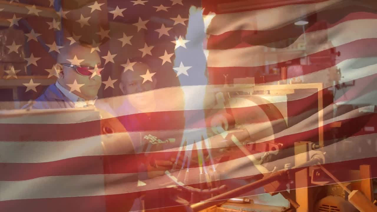 Animation of American flag waving over man in the background