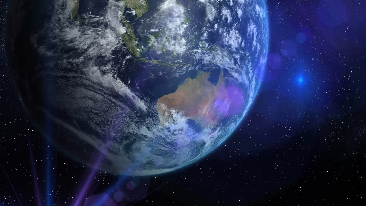 animación del planeta tierra en el universo y una estrella brillante azul vista desde el espacio