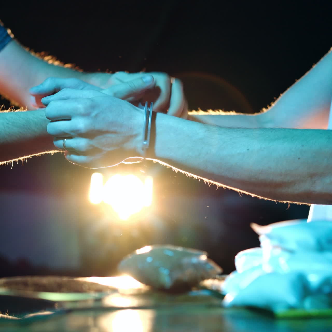 Drug dealer was arrested. Hands of a male drug dealer in handcuffs. Drugs and the concept of crime.