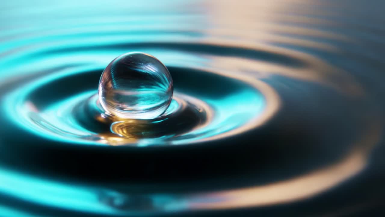 A Glimmering Water Droplet Creating Ripples in Calm Waters: Captivating Visuals of Nature's Elegance and Tranquility with a Focus on Liquid Dynamics and Light Reflections