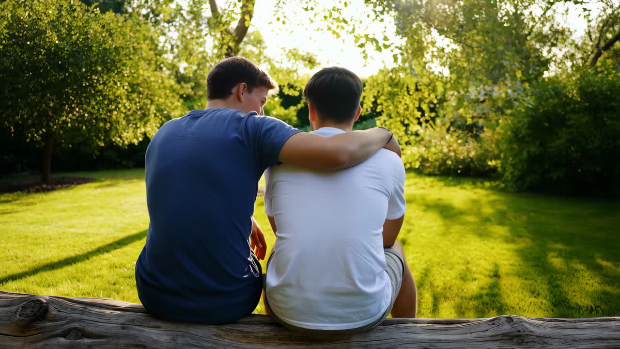 Two young men sitting on a log in a sunny park