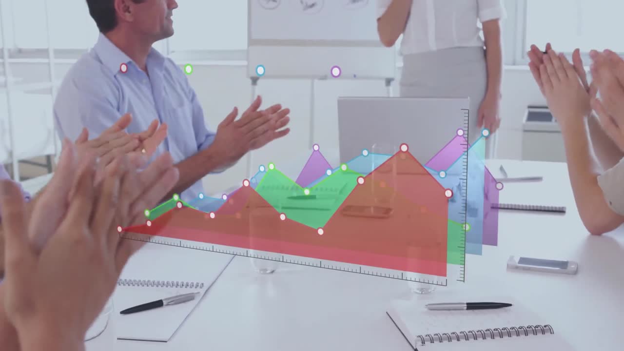 animación de gráfico multicolor sobre compañeros de trabajo caucásicos aplaudiendo a una mujer joven en una reunión