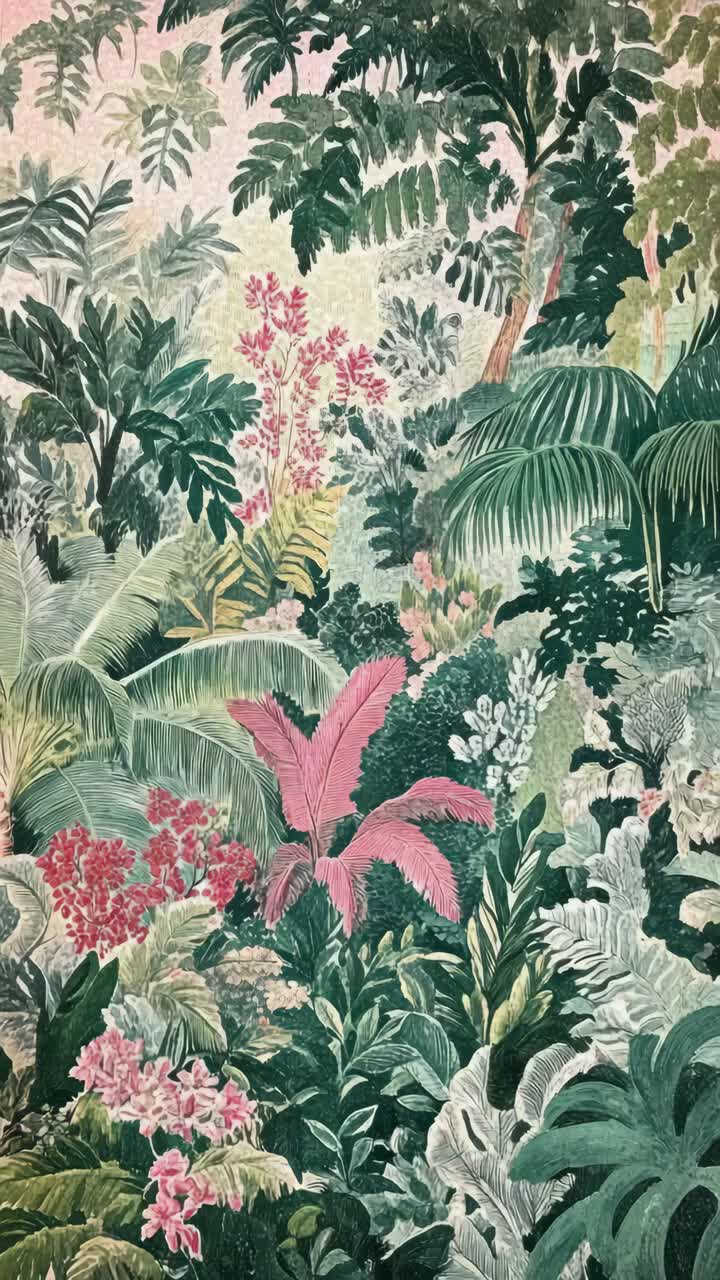 Lush tropical foliage in a vibrant, colorful style, captured from a straight-on angle, perfect