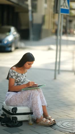 young woman sketching outdoors on a suitcase