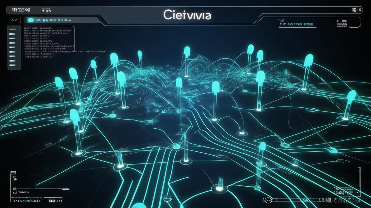 Futuristic Digital Network Connection and Data Flow Visualization