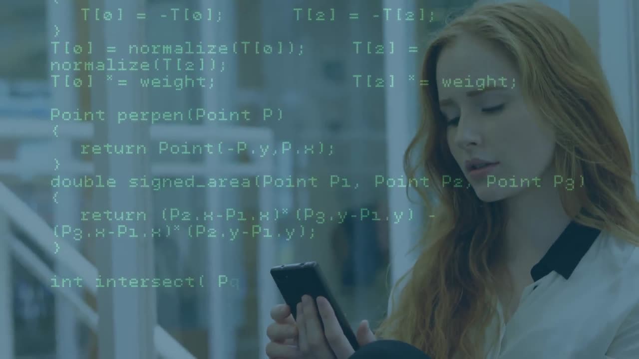 Animation of data processing over caucasian businesswoman using smartphone