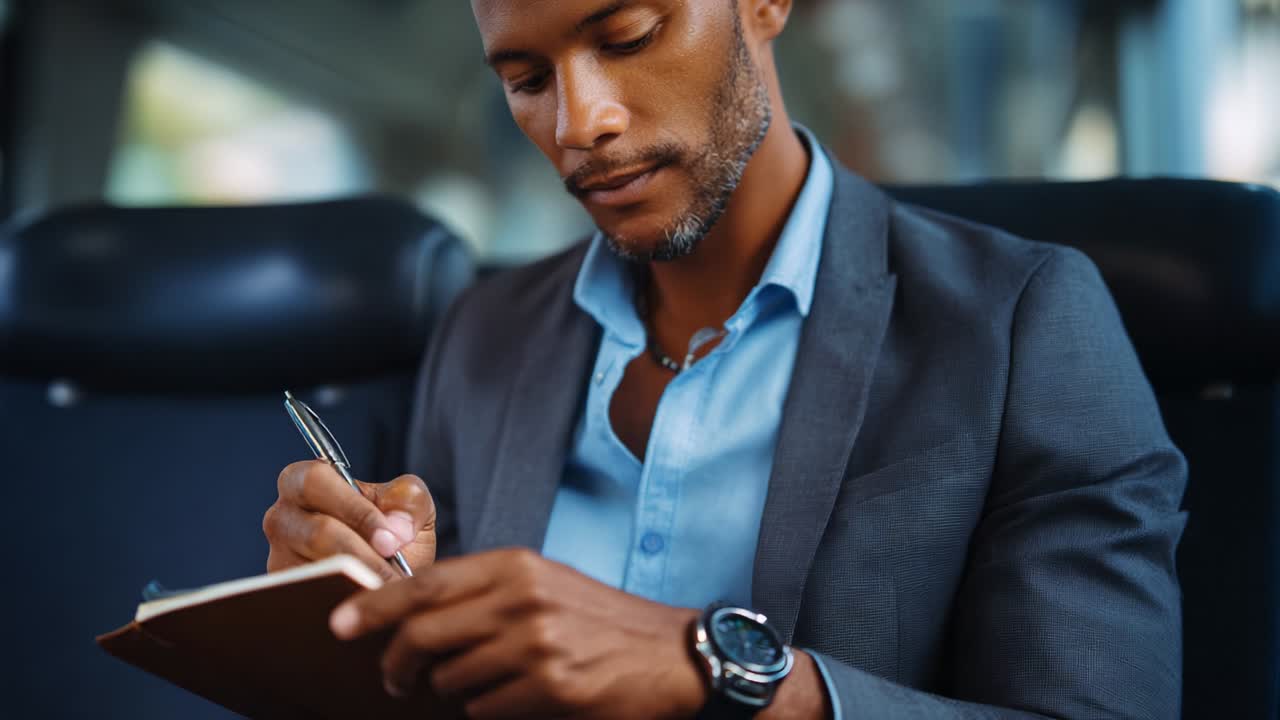 Focused Male Professional Writing Notes in a Notebook While Traveling on a Train, Capturing Ideas and Thoughts in a Mobile Environment, Demonstrating Productivity and Dedication to Work